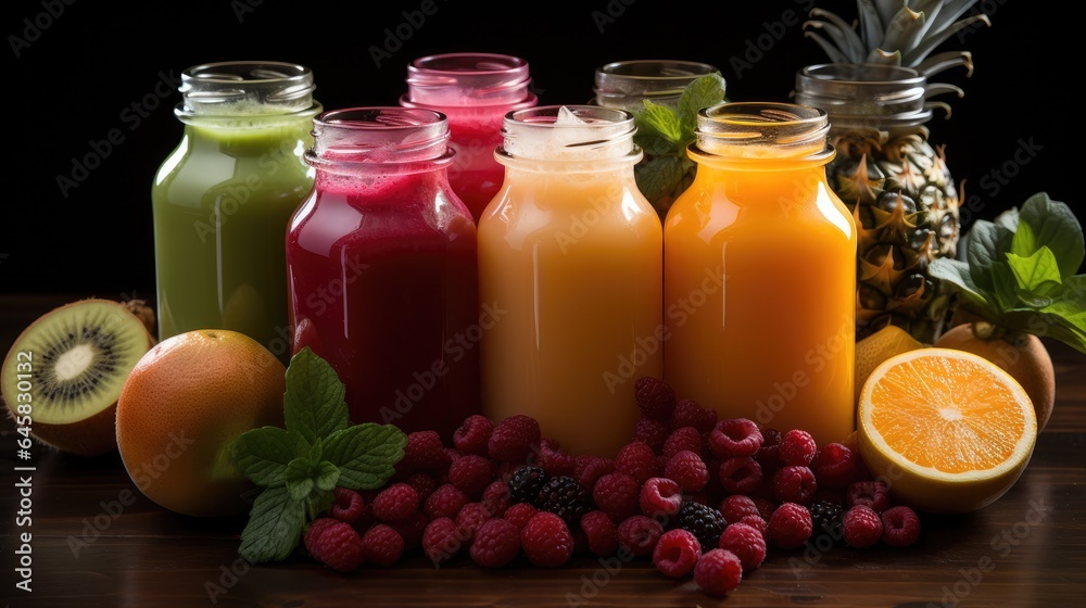 Various fruit juices and their ingredients on a white background Various fruit juices and their ingredients on a white background