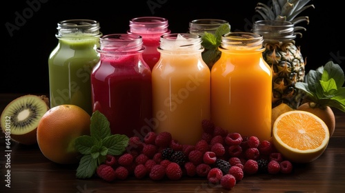 Various fruit juices and their ingredients on a white background