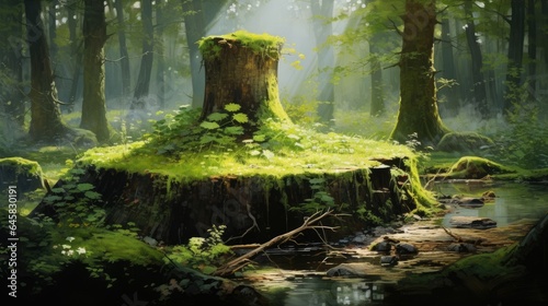 An illustration of the enchanting beauty of a mossy wooden stump.
