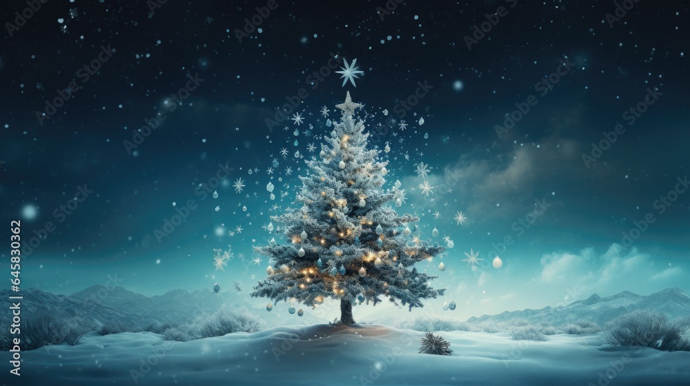 Image of a Christmas tree and falling snowflakes.