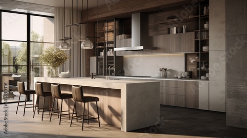 A contemporary kitchen with a mix of neutral tones and textured surfaces © Adeel  Hayat Khan