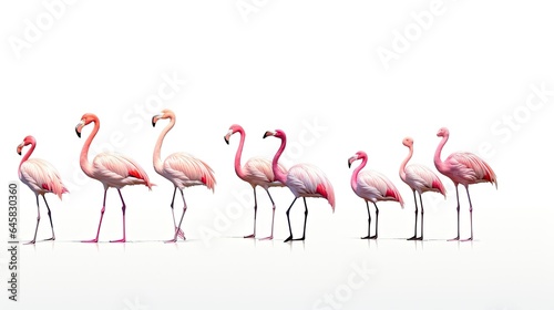 Elegant pink flamingos stand on a white background.