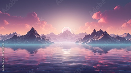 Image of a serene mountain range in a vaporwave color palette.