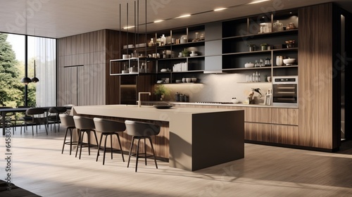 A contemporary kitchen with a sleek waterfall island and open shelving