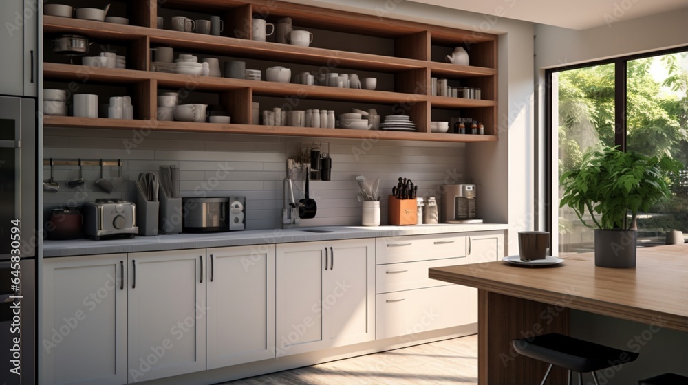 A contemporary kitchen with open shelving and a built-in coffee station