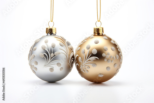 Shimmering Silver and Golden Christmas Decorations on Snowy White Background