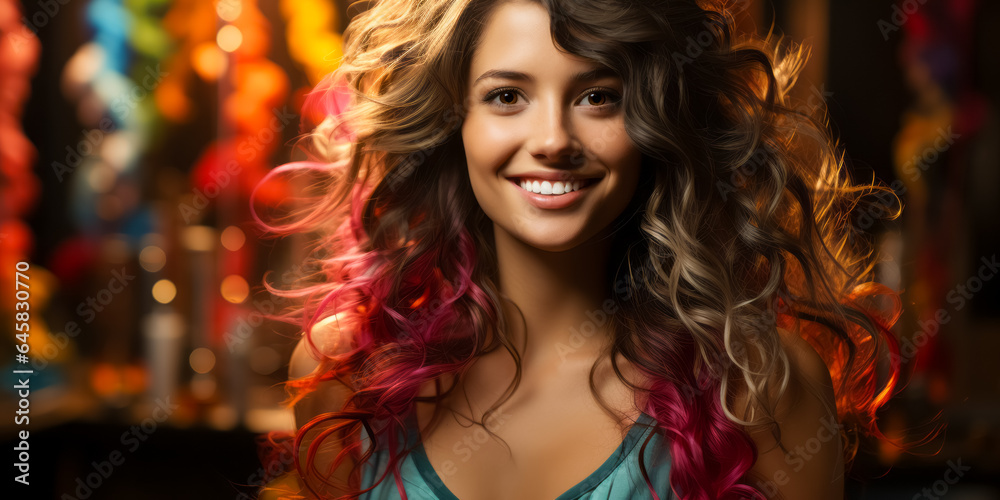 Portrait of young beautiful woman with long flowing colorful dyed hair. colored hairstyles Portrait of young beautiful woman with long flowing colorful dyed hair. colored hairstyles
