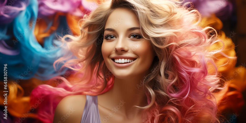 Portrait of young beautiful woman with long flowing colorful dyed hair. colored hairstyles