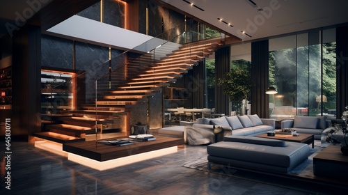 A contemporary living area with a floating staircase and dramatic lighting © Adeel  Hayat Khan