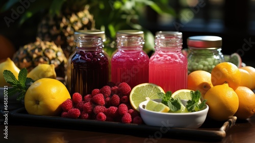Various fruit juices and their ingredients with a kitchen table and kitchen utensils in the background