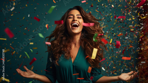 Joyful woman surrounded by confetti against a green wall