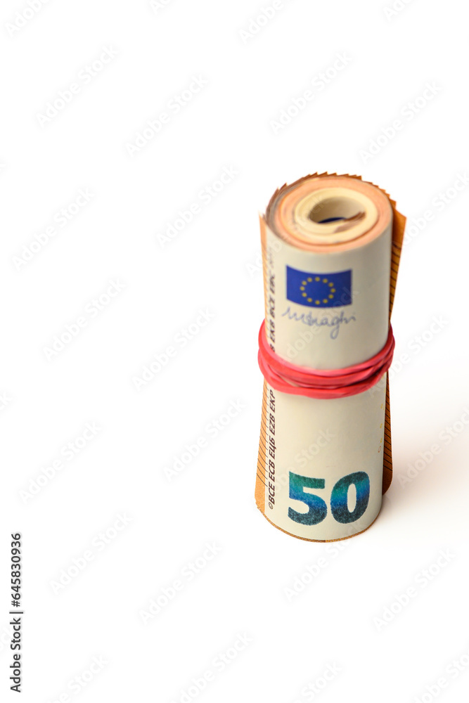 euros rolled into a tube, 50 euro bills on a white background 2 euros rolled into a tube, 50 euro bills on a white background 2