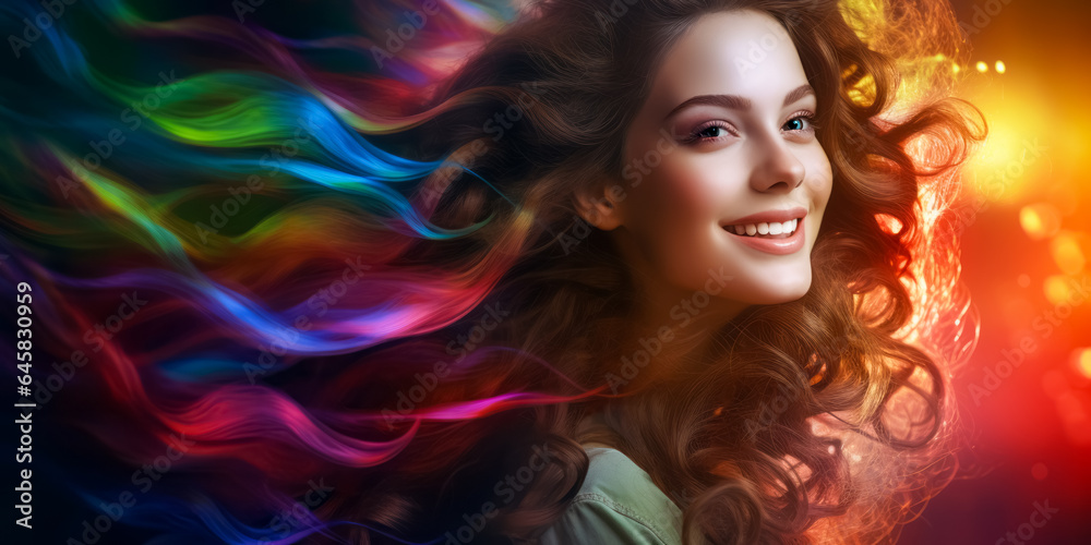 Portrait of young beautiful woman with long flowing perfect healthy dyed hair. Rainbow Hairstyles