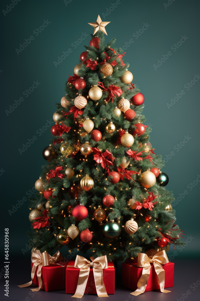 Decorated christmas tree with presents on green background. Seasons greetings