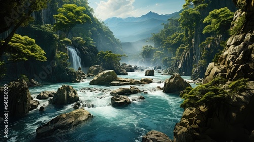 view from above of a beautiful waterfall flowing through cliff rocks in the middle of a tropical forest
