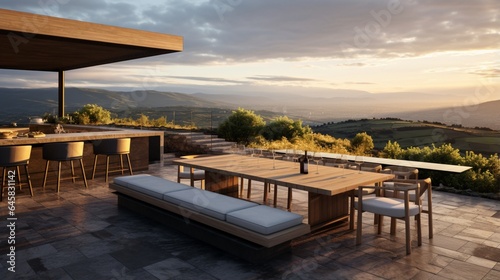 A contemporary outdoor wine tasting area with a sommelier station and breathtaking views