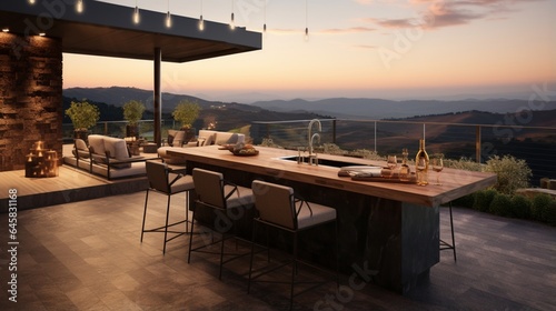 Wallpaper Mural wide expansive outdoor dining terrace dramatic mountain landscape sunset sky string lights wooden table and chairs stone walls Torontodigital.ca