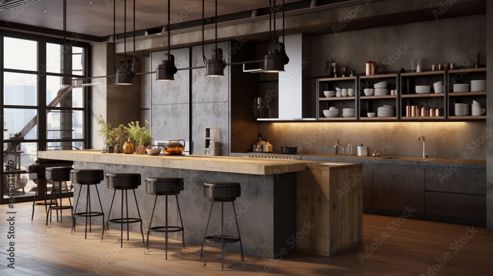 A contemporary urban loft kitchen with concrete countertops and metal accents