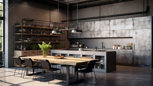 A contemporary urban loft kitchen with concrete countertops and metal accents