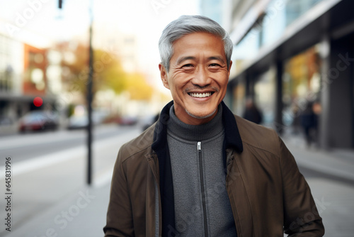 senior asian man with gray hair smiling at the camera outdoors. portrait. High quality photo