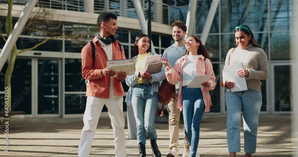 Walking, exam and students talking about results on university campus and share test information or paperwork together. Scholarship, education and group of young people or friends in discussion