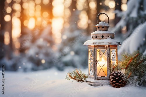 Christmas Lantern On Snow With Fir Branch In Evening Scene. High quality photo © Starmarpro