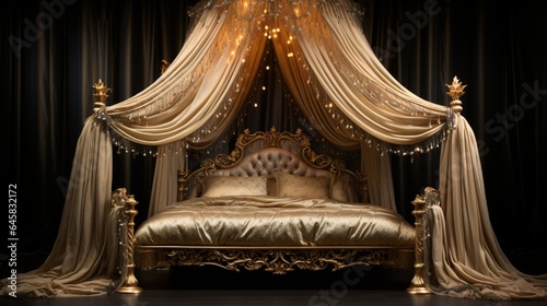 A decadent gold canopy bed frame with velvet drapes and crystal accents