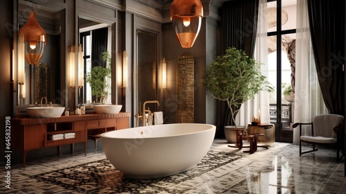 A designer bathroom with a freestanding tub and intricate tile patterns