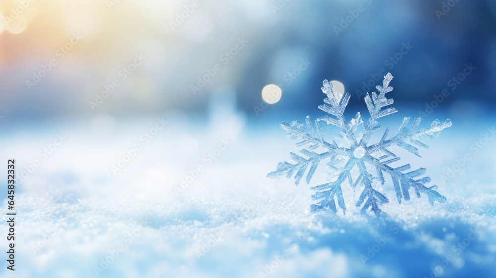Nahaufnahme eines sternförmigen Schneekristalls, stehend im Schnee. Nahaufnahme eines sternförmigen Schneekristalls, stehend im Schnee.