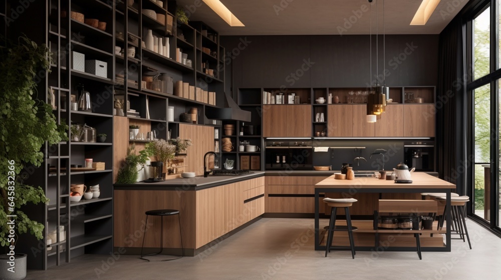 A designer kitchen with a mix of open shelving and closed cabinets