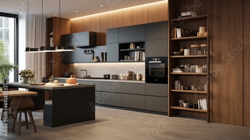 A designer kitchen with a mix of open shelving and closed cabinets