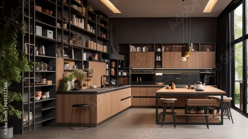 A designer kitchen with a mix of open shelving and closed cabinets © Adeel  Hayat Khan
