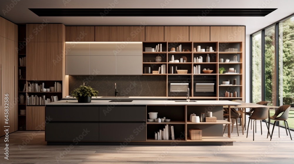 A designer kitchen with open shelving and hidden appliances A designer kitchen with open shelving and hidden appliances