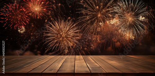 Plattform aus Holzdielen mit einem Feuerwerk bei Nacht über einer Stadt als Bokeh-Hintergrund.