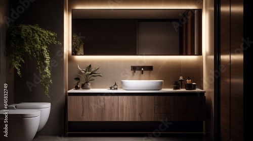 A designer washroom with a floating vanity and backlit mirror