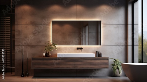 A designer washroom with a floating vanity and backlit mirror