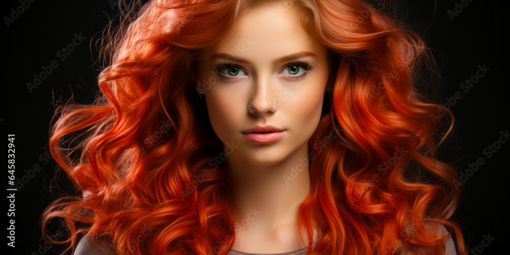Young red haired woman with voluminous hair, with long, dense, curly hairstyle. hair dye, hairstyle