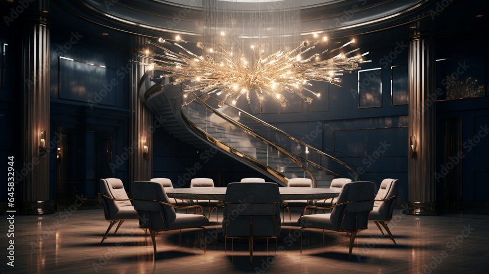 A dramatic chandelier as the centerpiece of a conference room