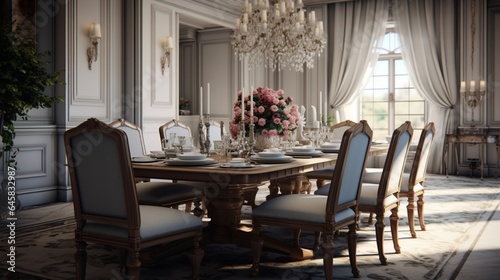 A formal dining room with a classic table setting and elegant chairs © Adeel  Hayat Khan