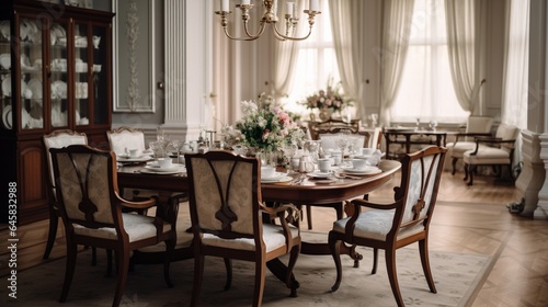 A formal dining room with a classic table setting and elegant chairs