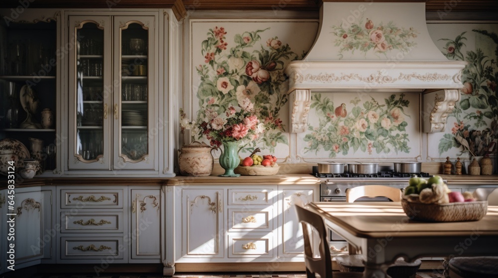 A French country kitchen with white cabinets and floral patterns