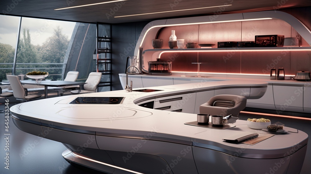 A futuristic kitchen with sleek surfaces and integrated smart technology