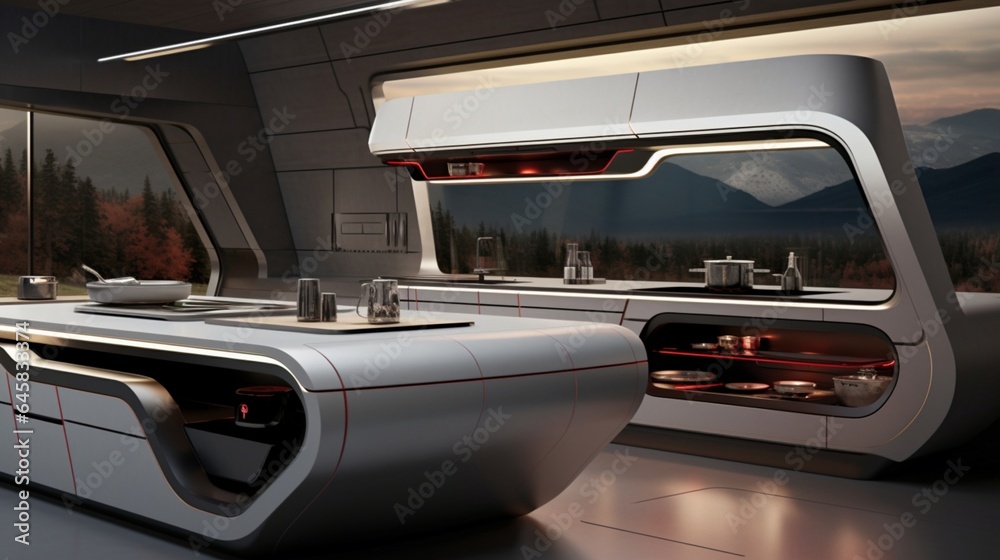 A futuristic kitchen with sleek surfaces and integrated smart technology A futuristic kitchen with sleek surfaces and integrated smart technology