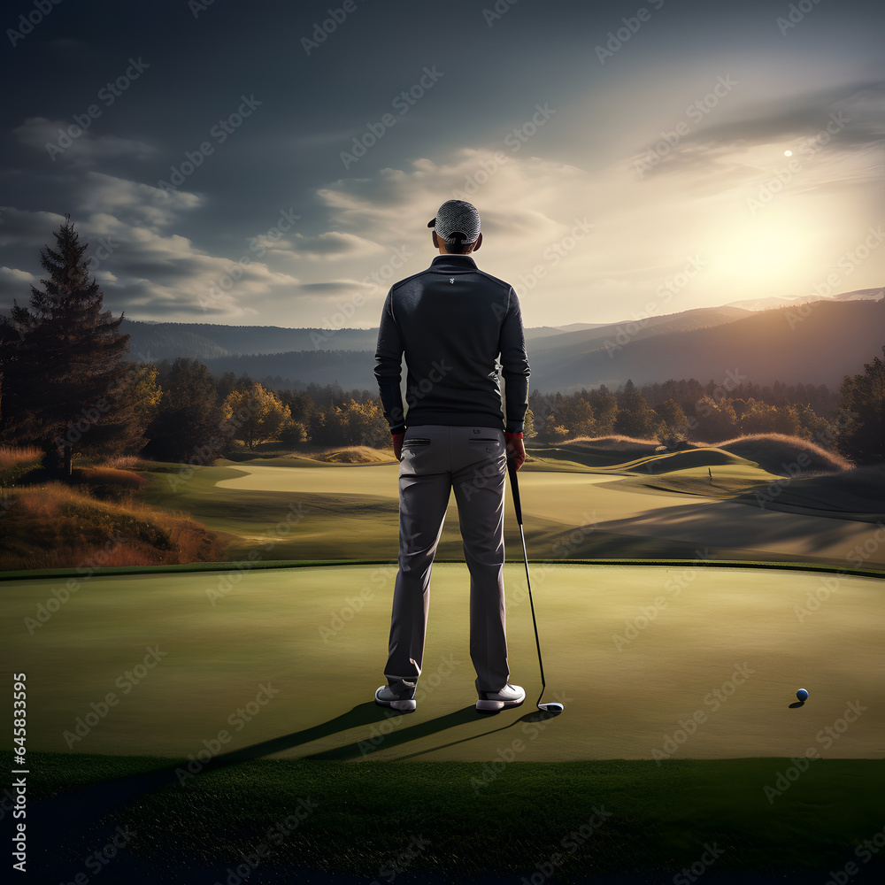 Golf player from behind standing at the field with a beautiful background in motion blur - obrazy, fototapety, plakaty 