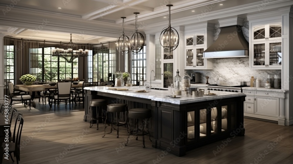 A gourmet kitchen with a double island and statement pendant lights
