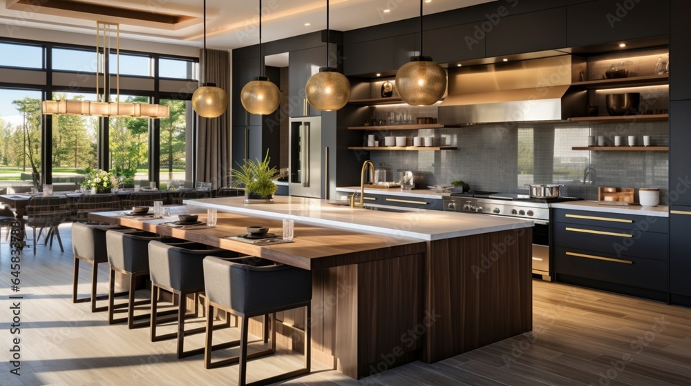 A gourmet kitchen with a double island and statement pendant lights