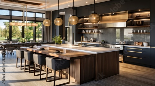 A gourmet kitchen with a double island and statement pendant lights