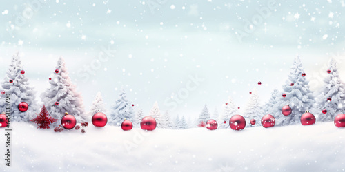 Weihnachtlicher Hintergrund mit Tannenbäumen und Schnee und roten Weihnachtskugeln