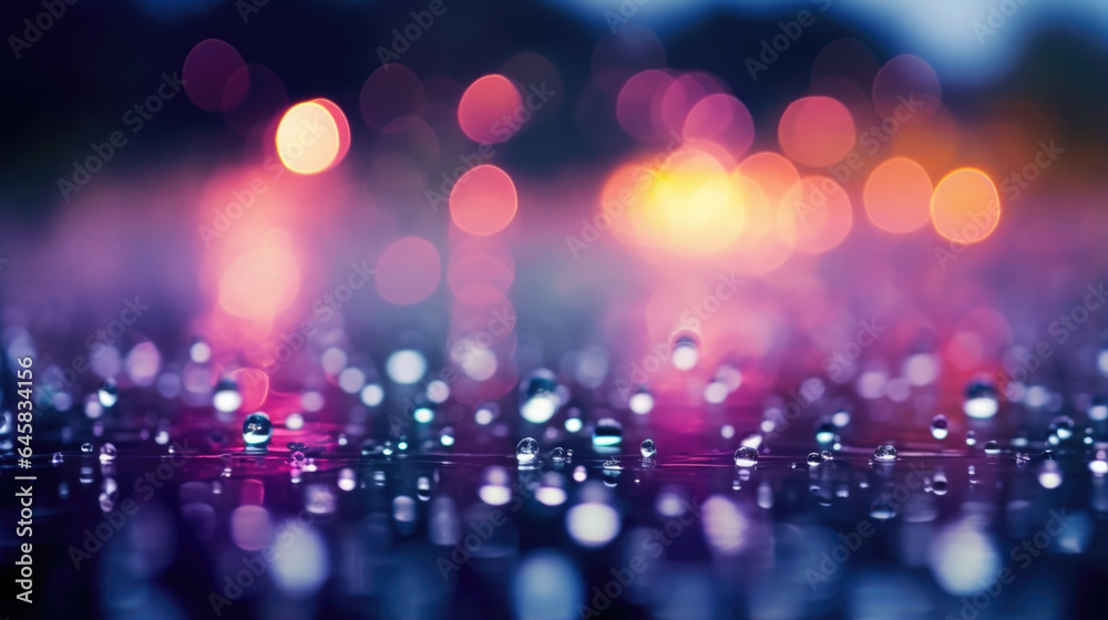 Dive into the enchanting world of rain bokeh with this scene featuring raindrops falling on a calm lake, creating circular bokeh patterns that ripple outward.