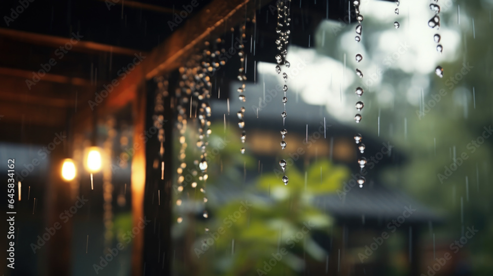 Immerse yourself in the sounds and sights of rain with this rain bokeh scene showcasing raindrops falling on a rustic roof, creating a cozy and tranquil atmosphere.